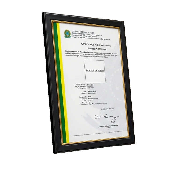 Exemplo de certificado de registro de marca emoldurado